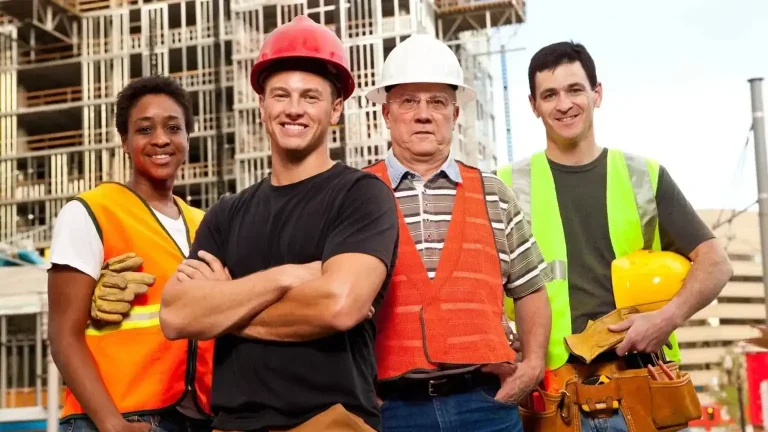 Diverse construction workers stand for photo in front of large building construction project.